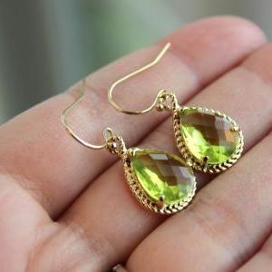 Gold Peridot Earrings Apple Green Wedding Jewelry..