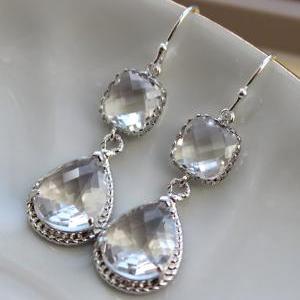 Silver Crystal Earrings Two Tiered - Clear Crystal..