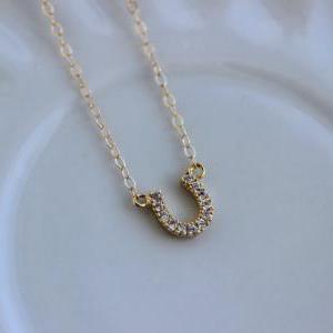 Gold Horseshoe Necklace Cz Crystal Horse Shoe..