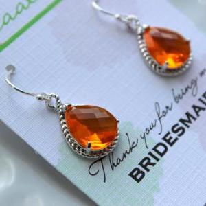 Silver Burnt Orange Earrings Tangerine Wedding..