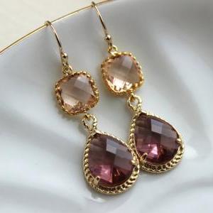 Gold Blush Eggplant Earrings Two Tiered -..