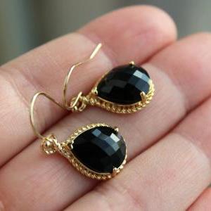 Black Earrings Gold Wedding Jewelry - Jet Black..
