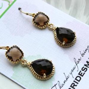 Gold Brown Earrings Two Tiered - Smoky Brown Topaz..