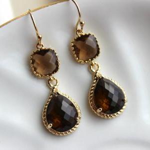 Gold Brown Earrings Two Tiered - Smoky Brown Topaz..