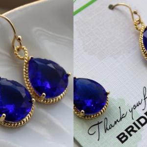Gold Cobalt Earrings Electric Blue Wedding Jewelry..
