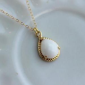Gold White Opal Necklace - Cream Milk White..