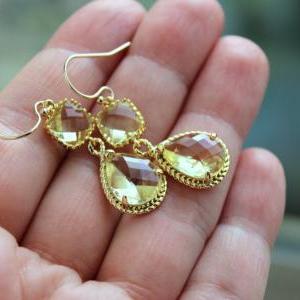 Gold Citrine Earrings Two Tiered - Yellow Topaz..