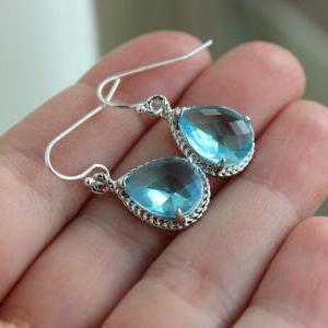 Silver Aquamarine Earrings Wedding Jewelry - Blue..
