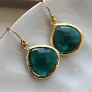 Gold Large Emerald Green Earrings Jade Wedding..