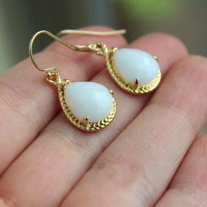 Gold White Opal Earrings White Wedding Jewelry..
