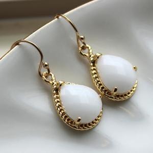 Gold White Opal Earrings White Wedding Jewelry..