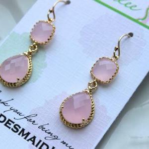 Gold Pink Opal Earrings Two Tiered - Light Pink..