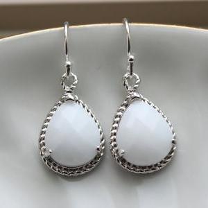 Silver White Opal Earrings White Wedding Jewelry..