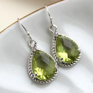 Silver Peridot Earrings Apple Green Wedding..