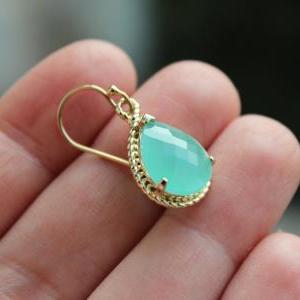 Mint Earrings Gold Wedding Jewelry - Aqua Blue..
