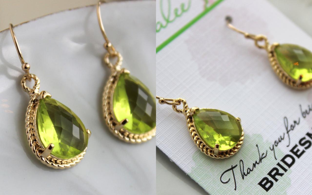 Gold Peridot Earrings Apple Green Wedding Jewelry Peridot Bridesmaid Earrings Gift Peridot Green Bridal Jewelry Personalized Gift Under 25
