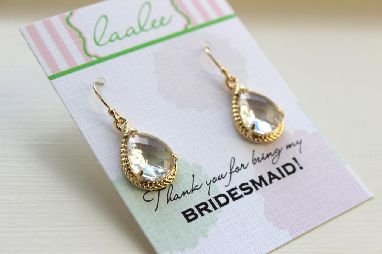 Crystal Earrings Gold - Crystal Wedding Jewelry Crystal Clear Bridesmaid Earrings Bridesmaid Gift Bridal Jewelry Personalized Thank You Note