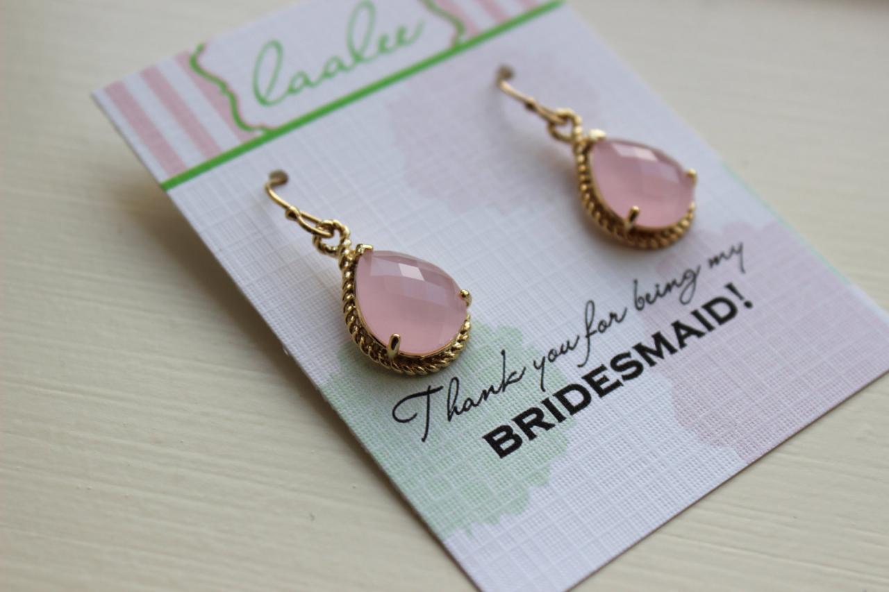 Pink Opal Earrings Gold Wedding Jewelry - Blush Pink Bridesmaid Earrings Bridesmaid Gift Pink Bridal Jewelry Personalized Thank You Note