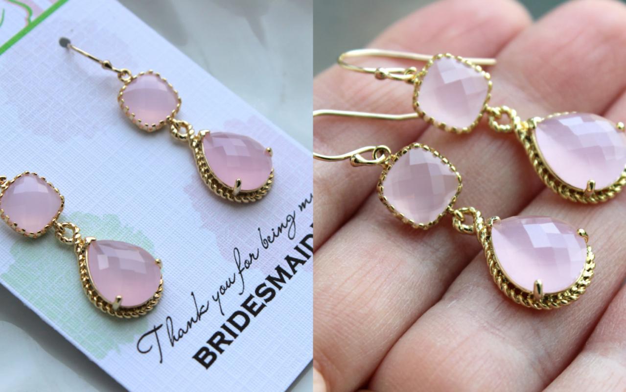 Gold Pink Opal Earrings Two Tiered - Light Pink Blush Wedding Jewelry - Blush Bridesmaid Earrings Gift Pink Bridal Jewelry - Gift Under 35