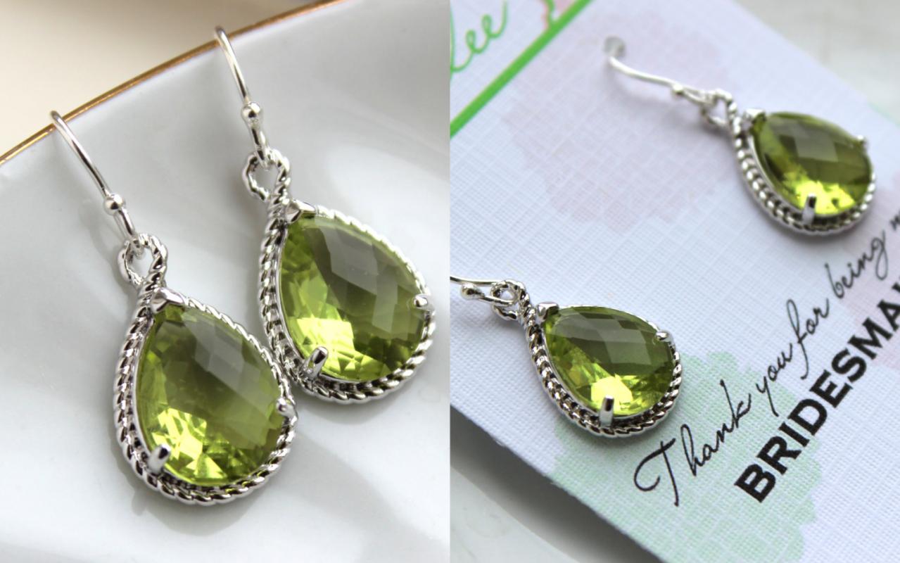 Silver Peridot Earrings Apple Green Wedding Jewelry Peridot Bridesmaid Earrings Gift Peridot Green Bridal Jewelry Personalized Gift Under 25